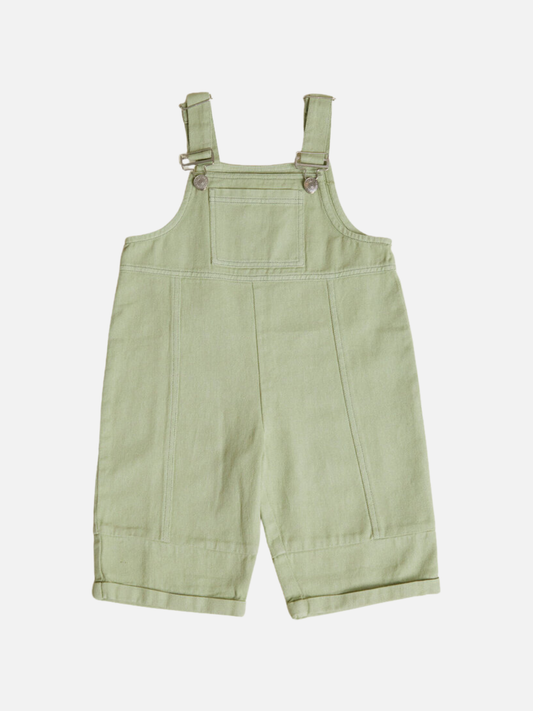 Image of BLYTHE MINT DUNGAREE: Light green toddler overalls with adjustable shoulder straps, a front pocket, and rolled cuffs shown on a plain white background.