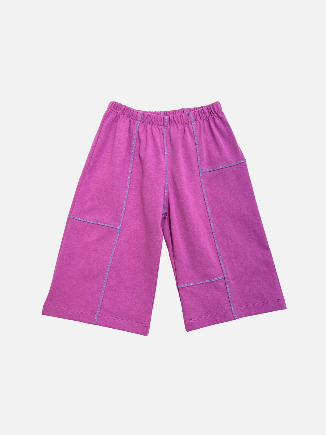 Magenta | Magenta TOPSTITCH BABY PANT with wide legs, elastic waist, and visible light blue stitching, shown on a plain white background—ideal sturdy crawling pants for little ones.