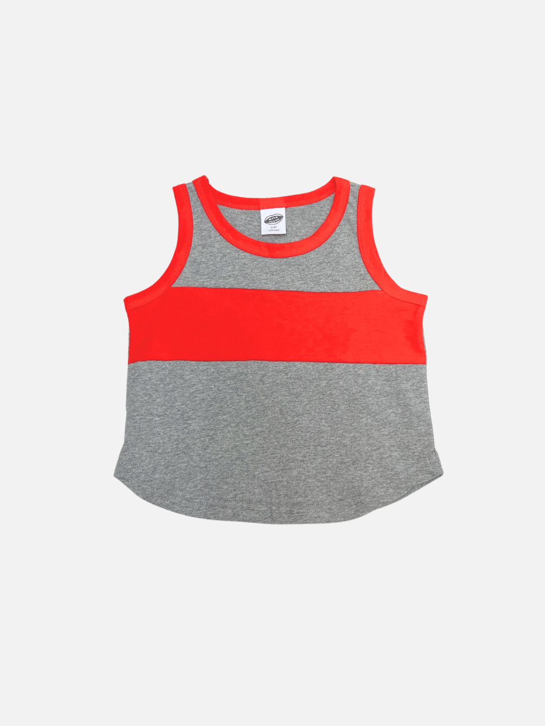 The TRACK TANK in Grey/Red features vintage sportswear style with a relaxed fit, colorblocking, sleeveless gray design, a bold red chest stripe, and red trim on the neckline and armholes—shown on a white background.