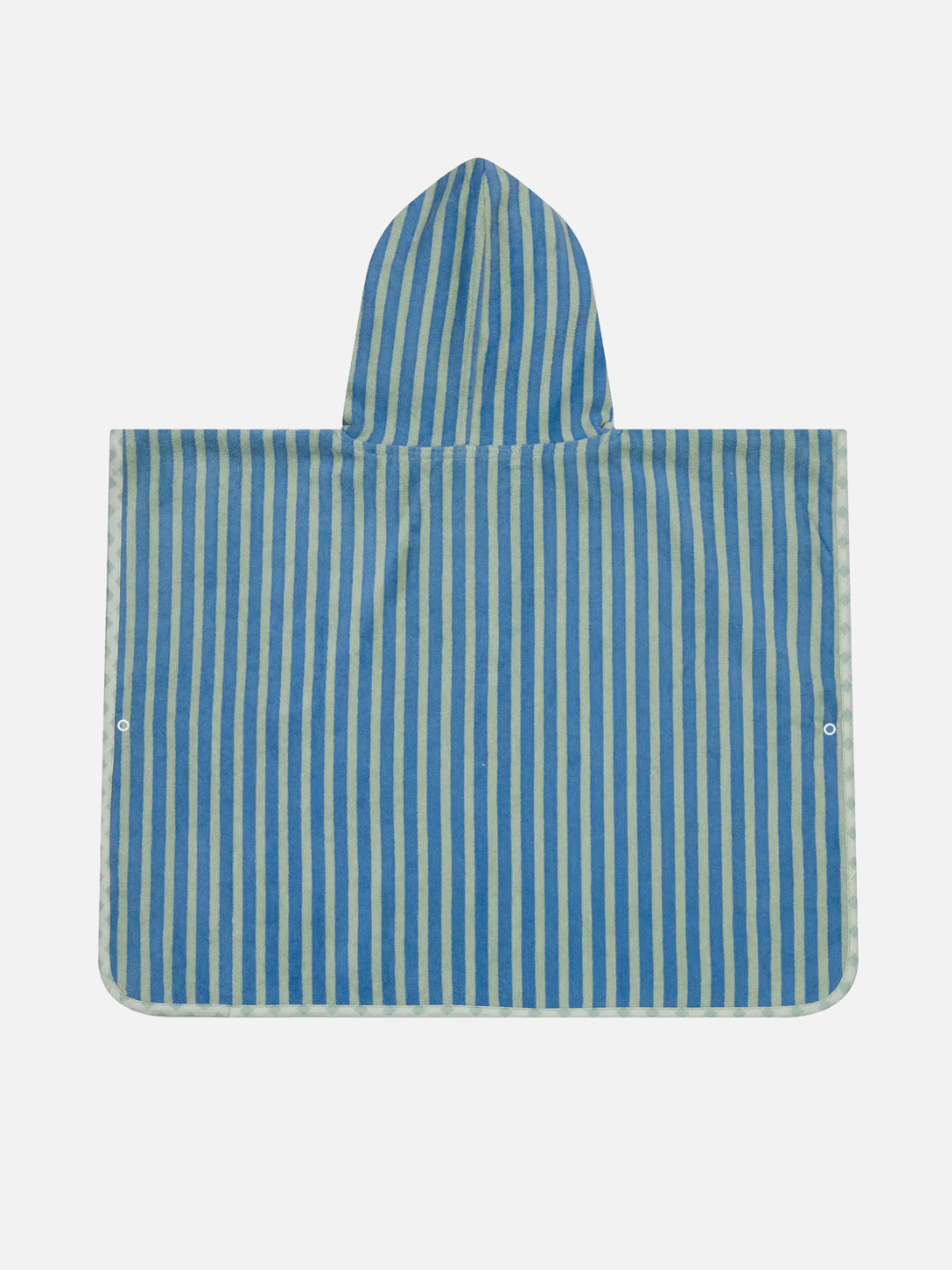 Green | The STRIPED PONCHO is a kids’ toweling poncho with blue and green vertical stripes, a hood, and OEKO-TEX certification, shown laid flat on a white background.
