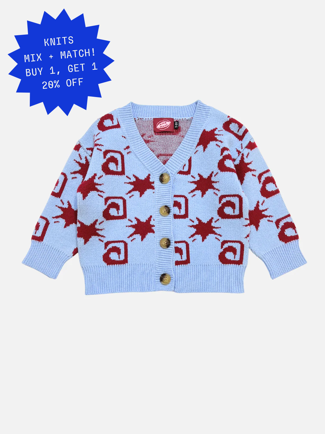 Sky | The TRELLIS CARDIGAN in Sky is a children’s V-neck cardigan with red abstract square and starburst patterns and four brown front buttons.