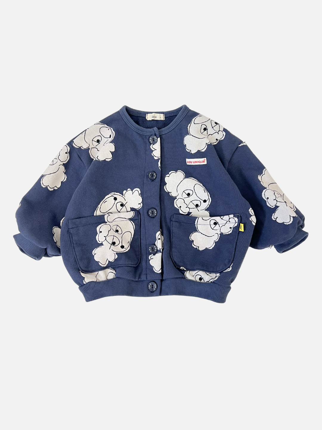 Navy | The POODLE BUTTON DOWN SWEATSHIRT in navy is an adorable toddler jacket featuring cartoon poodles, styled like a baby cardigan with buttons and two large front pockets.