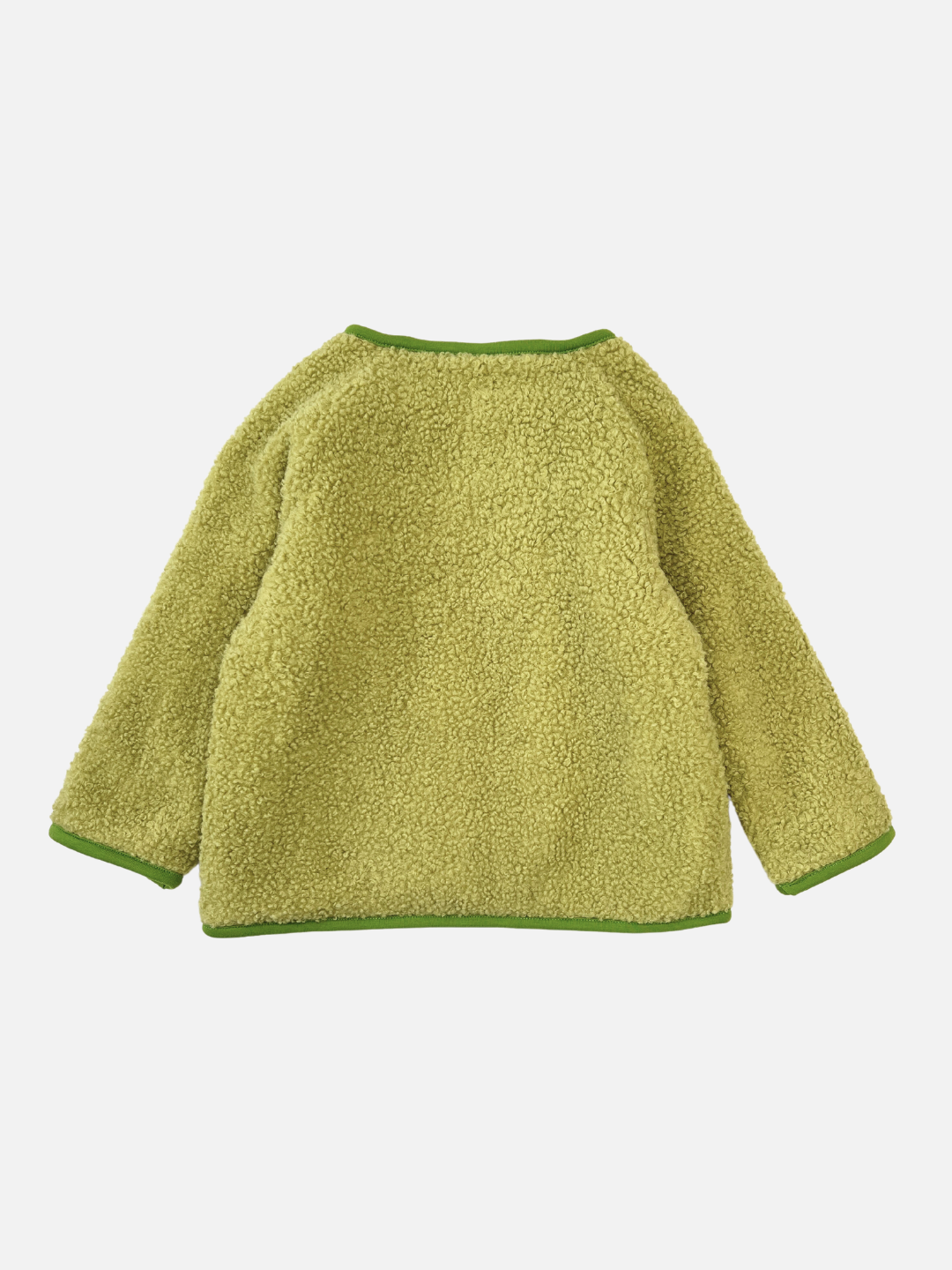 Matcha | Back view of a kids light green collarless fleece jacket with four brown buttons.