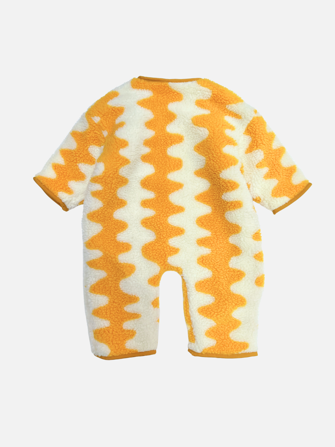 Yellow | The WAVELENGTH SHERPA FLEECE STROLLER SUIT is a cozy baby item with long sleeves and legs, featuring soft sherpa fleece and a yellow and white wavy zigzag pattern—ideal for winter layering or stroller rides on chilly days.
