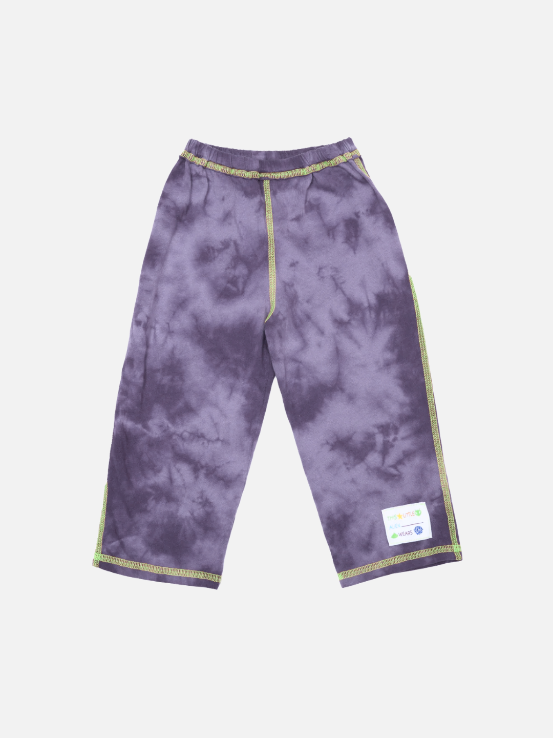 Grape | COSMO TIE DYE PANT in grape features green stitching and a small white patch on the lower left leg, made from soft cotton jersey and displayed flat on a white background.