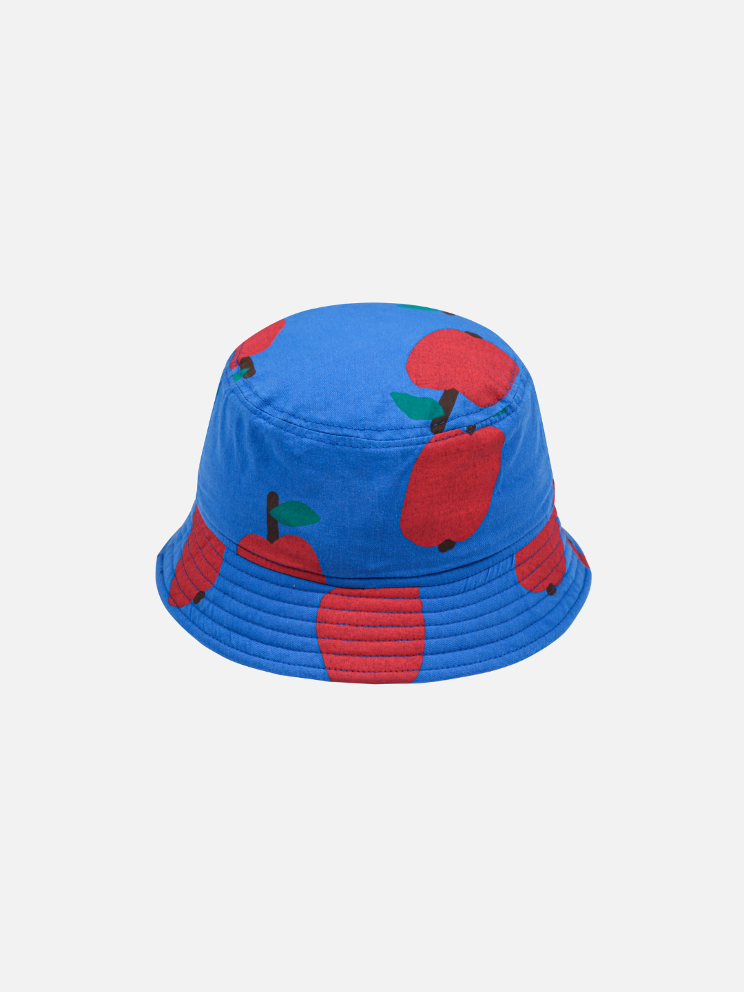 APPLE BUCKET HAT featuring a blue base and a red apple print pattern.