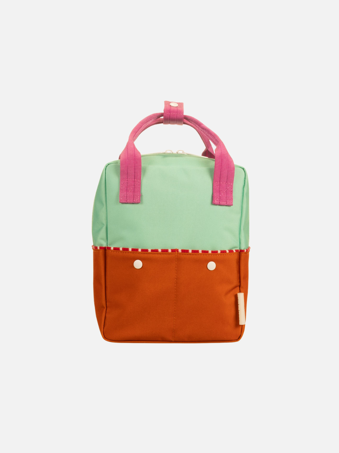 Front view of the kids Small Better Together Colourblocking Backpack in Towel Green. Mint green top, pink handles, and orange bottom with two cream snaps in the middle. 