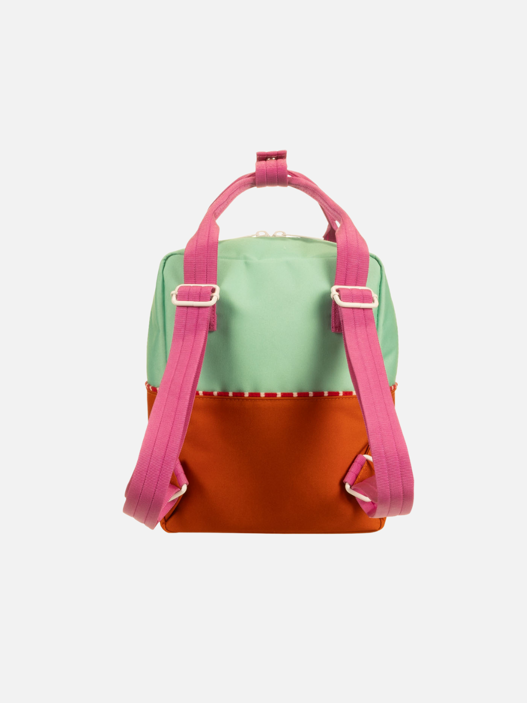 Towel Green | Back view of the kids Small Better Together Colourblocking Backpack in Towel Green, featuring pink adjustable straps. 