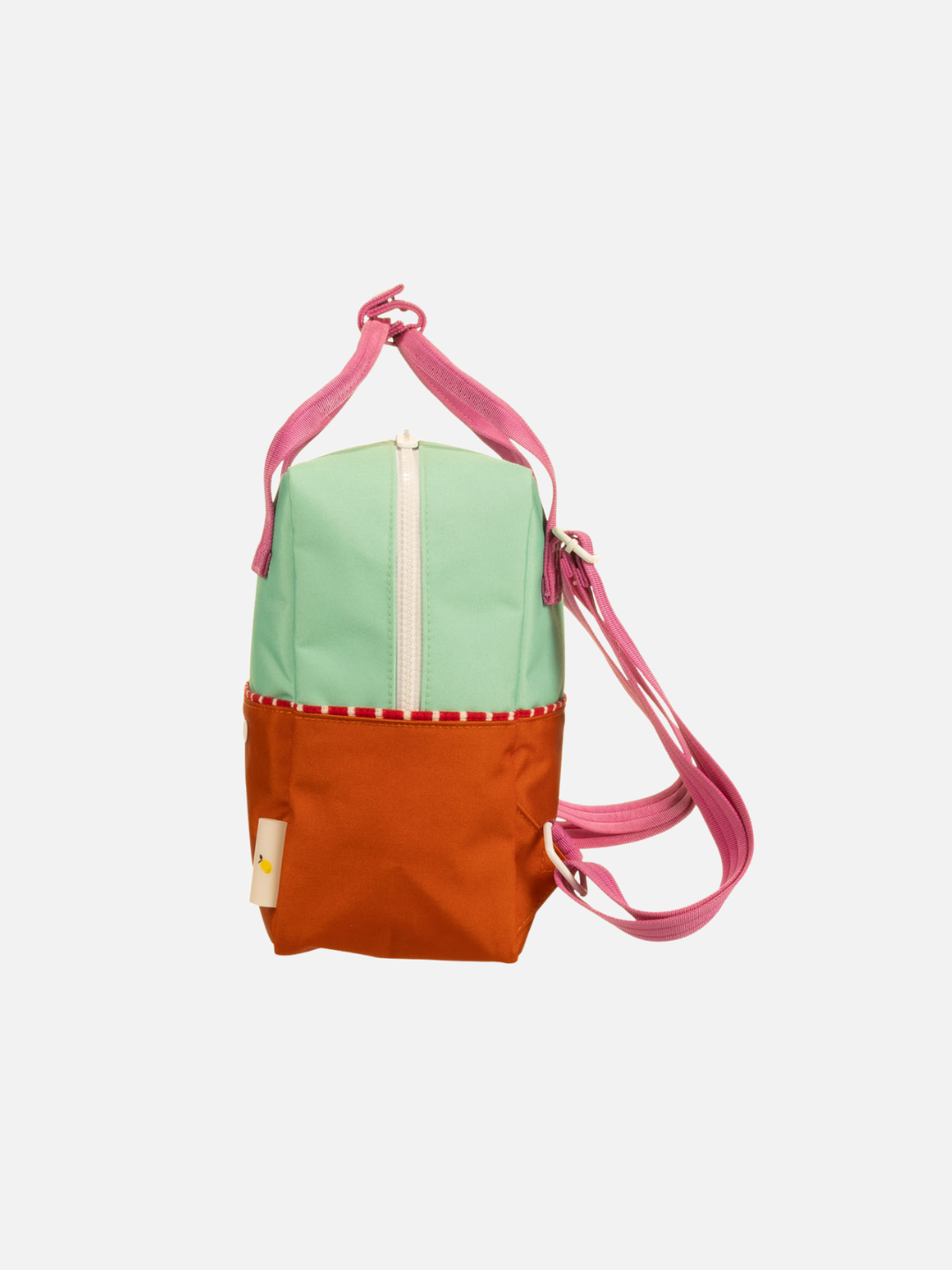 Side view of the kids Small Better Together Colourblocking Backpack in Towel Green, featuring pink straps and ivory zipper. 