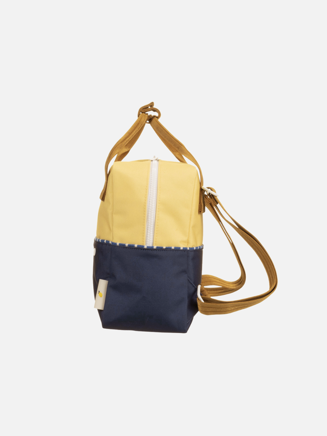 Side view of the kids Small Better Together Colourblocking Backpack in feather shuttle featuring a white zipper. 