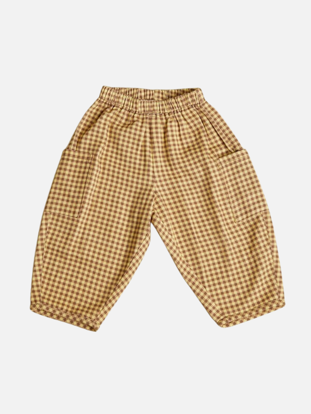 The EMERSON OCHRE GINGHAM TROUSER features a loose fit, wide legs, an elastic waistband, and a brown and beige gingham pattern, displayed on a white background.