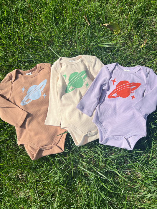 Second image of SATURN LONG SLEEVE ONESIE in Lavender