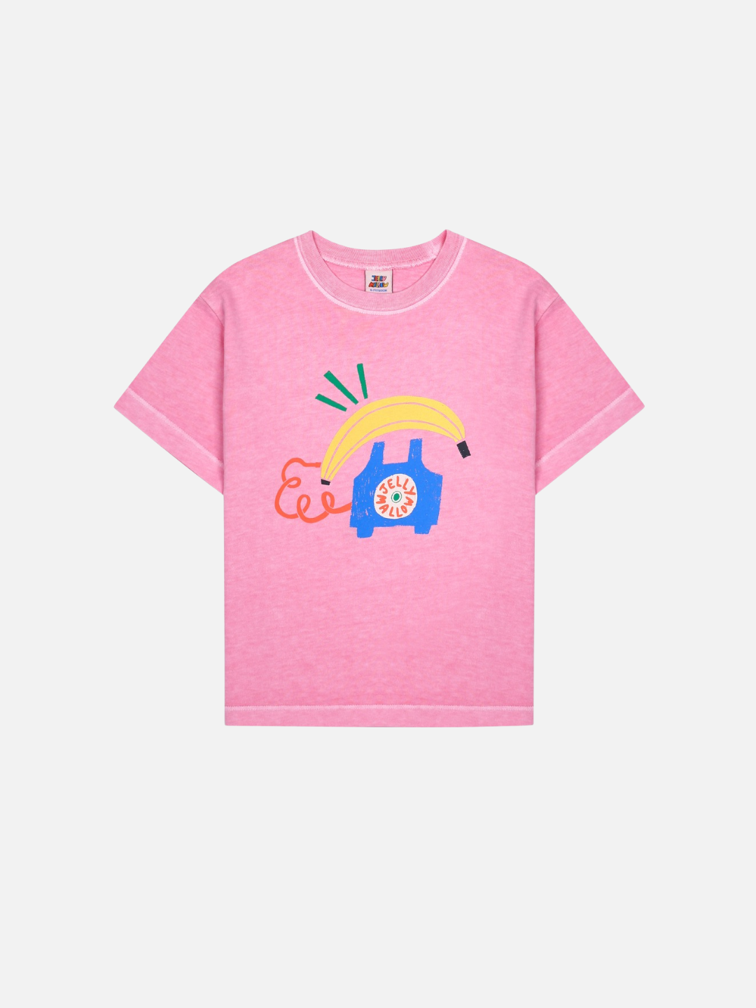 Pink t-shirt with colorful graphic design on a white background