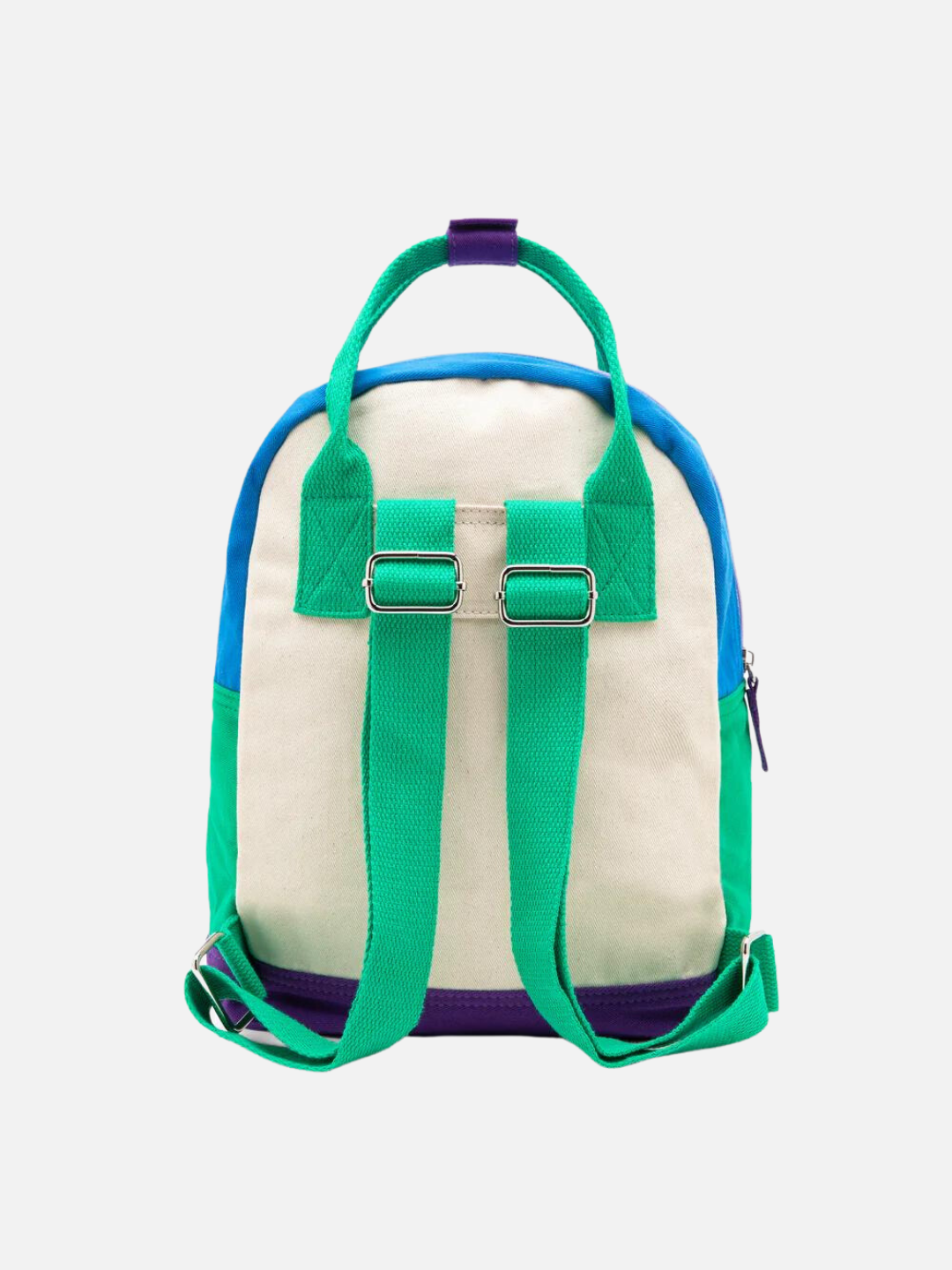 Rear view of a colorblock backpack with green handles and straps, purple base, blue top and a cream backing