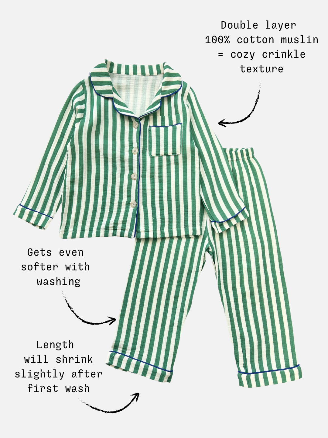 Green Stripe | The MOVIE NIGHT SET is a green and white striped ensemble made from breathable cotton muslin, featuring a button-up top with a pocket and elastic waist pants. Its double-layer texture ensures softness improves with wash, though slight shrinkage is expected.