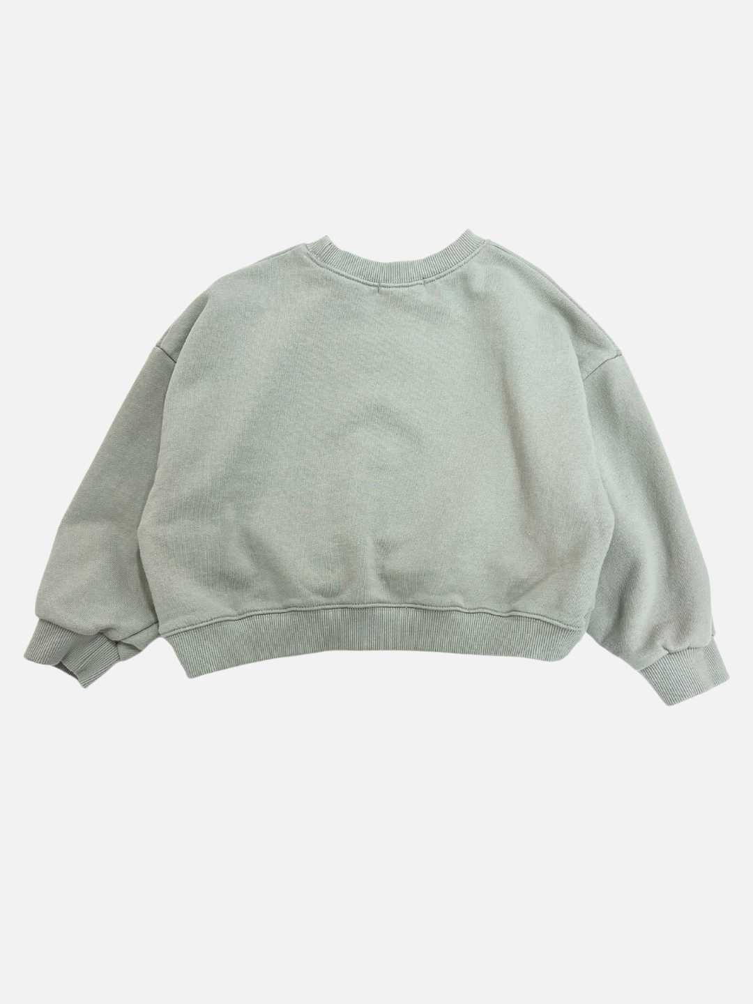 A back view of the STRAWBERRY CROPPED SWEATSHIRT in light gray-green, featuring an oversized fit with a crew neck and ribbed cuffs and hem.