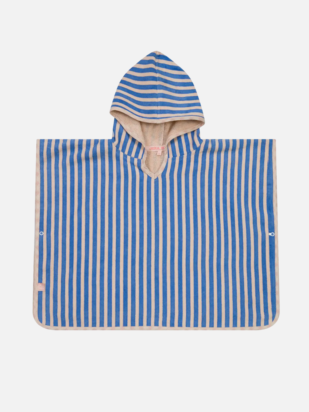 OEKO-TEX certified STRIPED PONCHO in pink, featuring vertical stripes, a v-shaped neckline, and side button details, displayed on a white background.