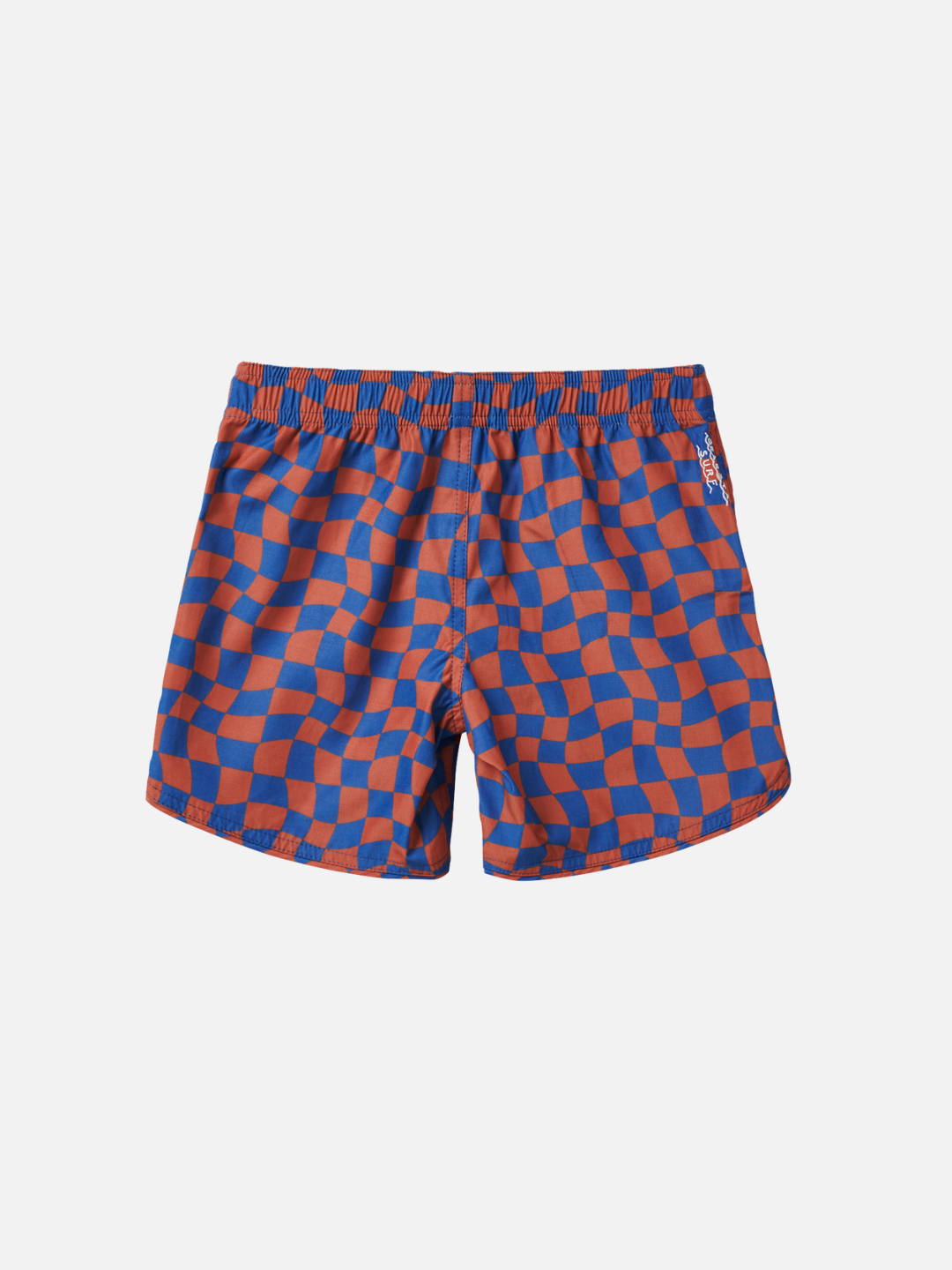 A back view of the kid's Wavy Checks Boardshort
