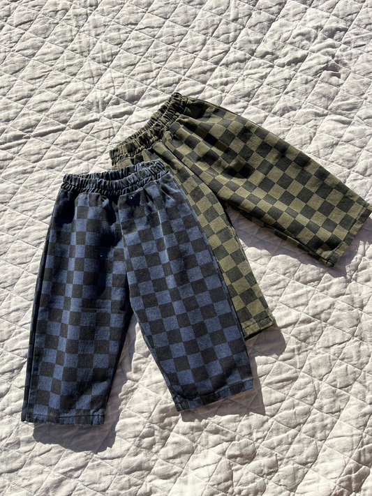 Second image of Blue | Blue checkerboard CASPER PANTS with an elastic waistband, laid flat on a white background.