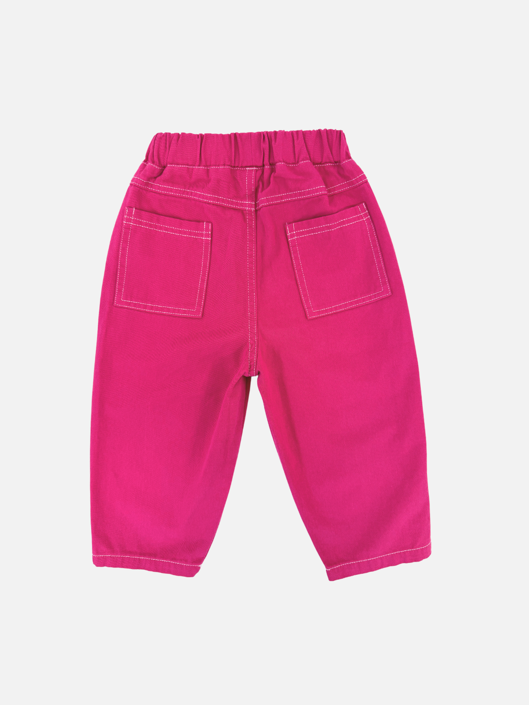 Magenta |  TOPSTITCH TWILL PANTS: Bright pink pants for children crafted from soft cotton twill, with an elasticated waistband for comfort and two back pockets, shown on a white background.