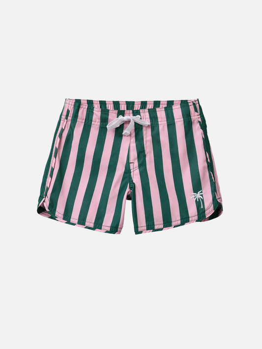 Image of Pink Palms | The RETRO FLARE BOARDSHORTS CABANA STRIPE in Pink Palms feature green and pink vertical stripes, a white drawstring, and a small palm tree logo on the left leg. Made from recycled polyester.