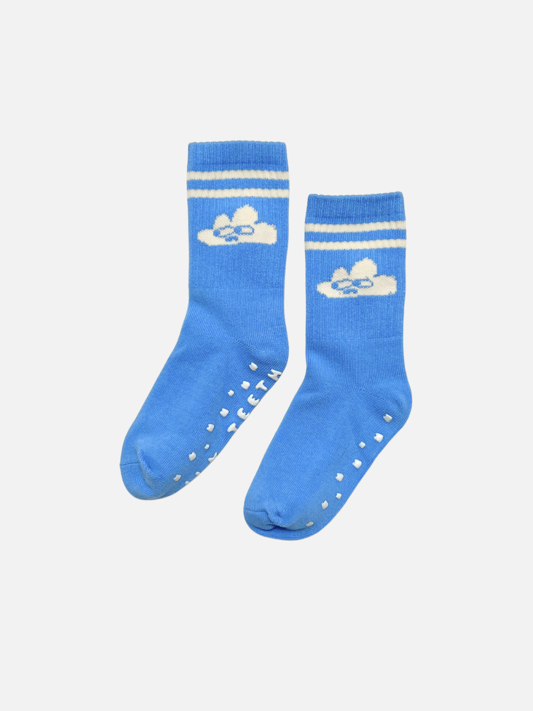 Pair of blue socks with white stripes and cloud design on a light gray background