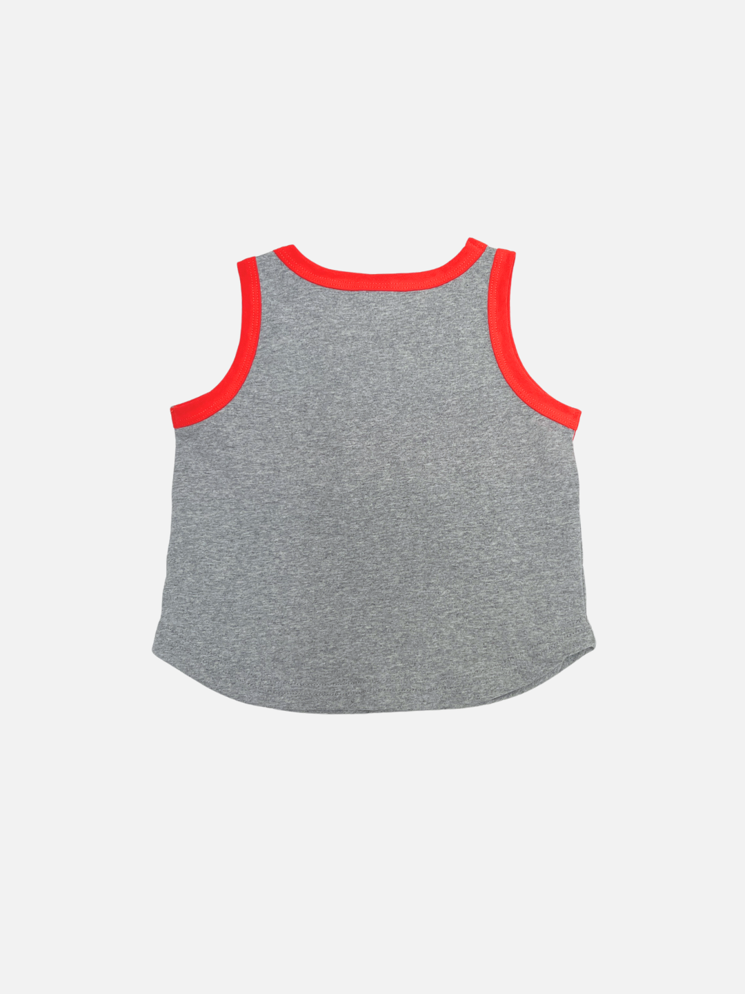 The TRACK TANK is a sleeveless gray top with red trim at the neckline and armholes, inspired by vintage sportswear. It features a relaxed fit and is shown against a plain white background.