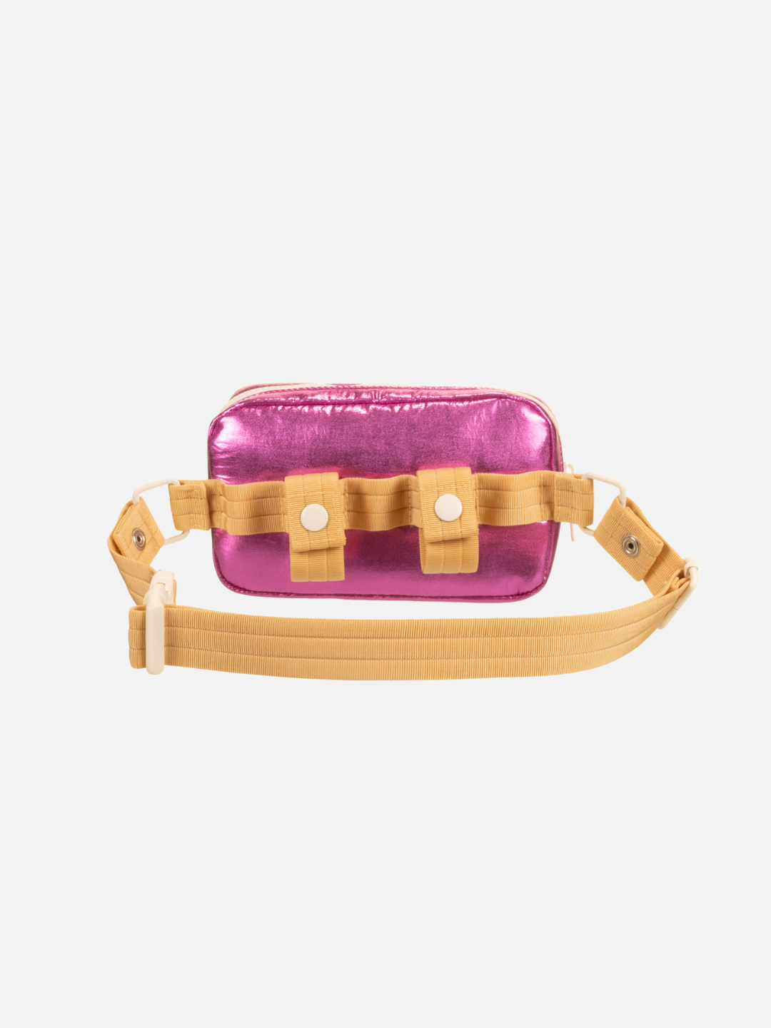 Glossy Pink | Back view of the Glossy Pink bike back showcasing the muted yellow adjustable strap. 