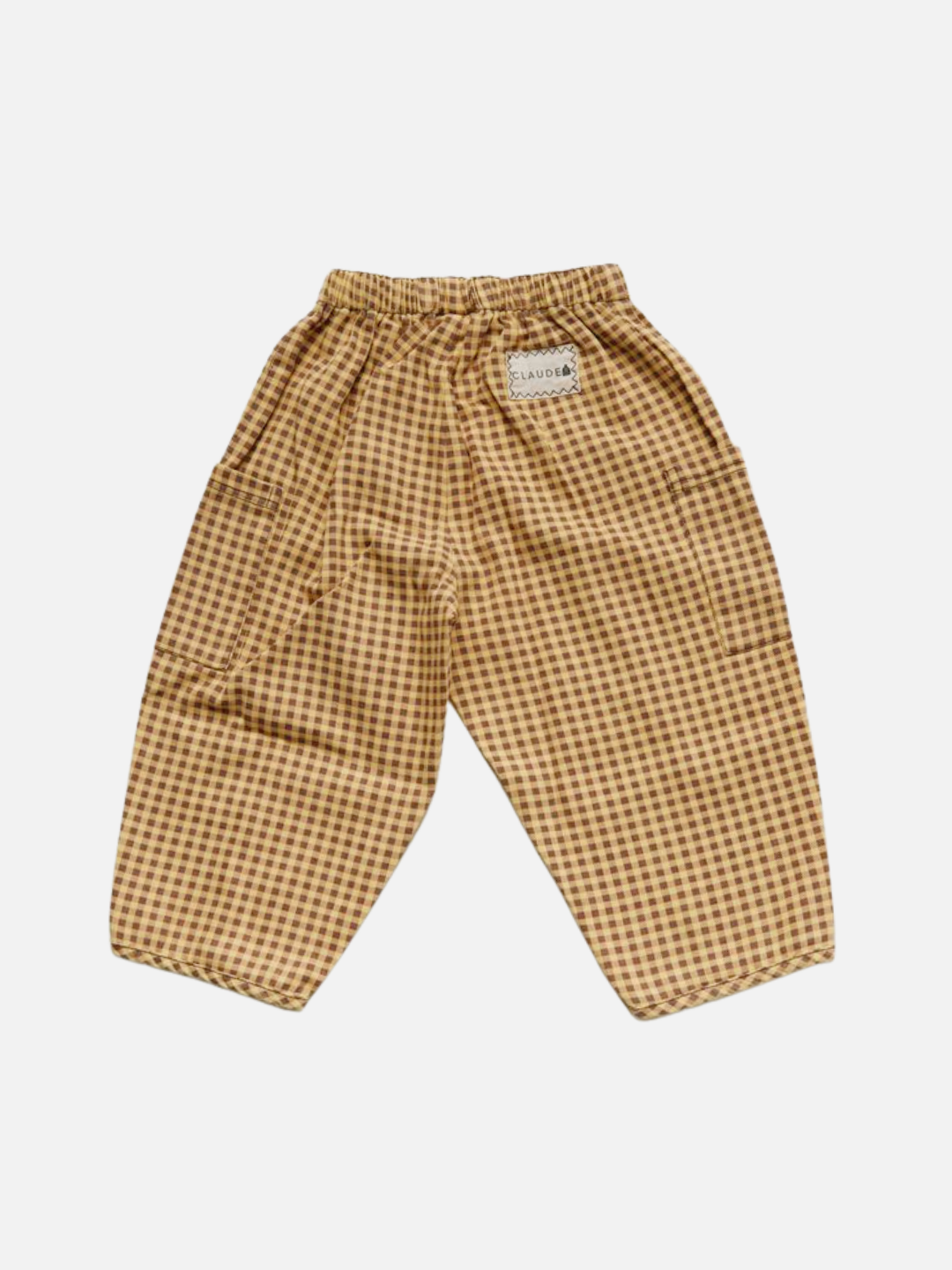 EMERSON OCHRE GINGHAM TROUSER: Children's brown and beige gingham pants featuring an elastic waistband and a small side label.