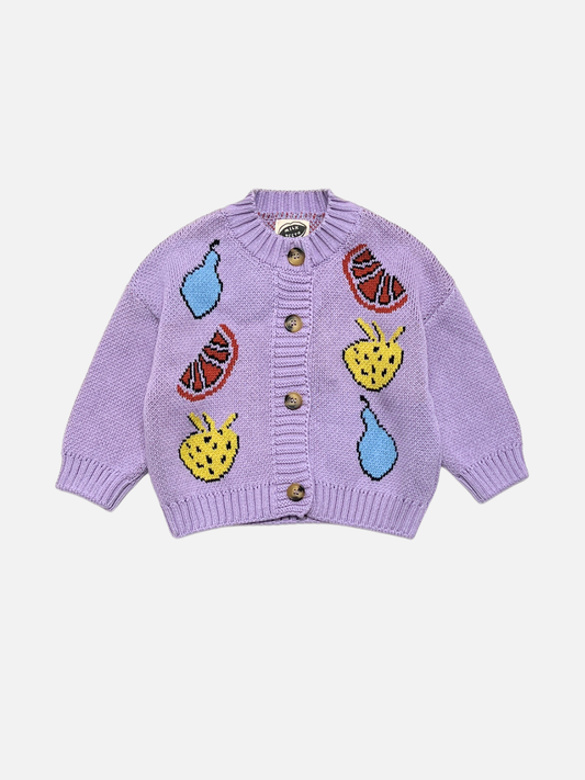 Image of A lavender knit baby and toddler cardigan sweater featuring colorful embroidered fruit motifs including pears, strawberries, and citrus slices, displayed flat against a light gray background.