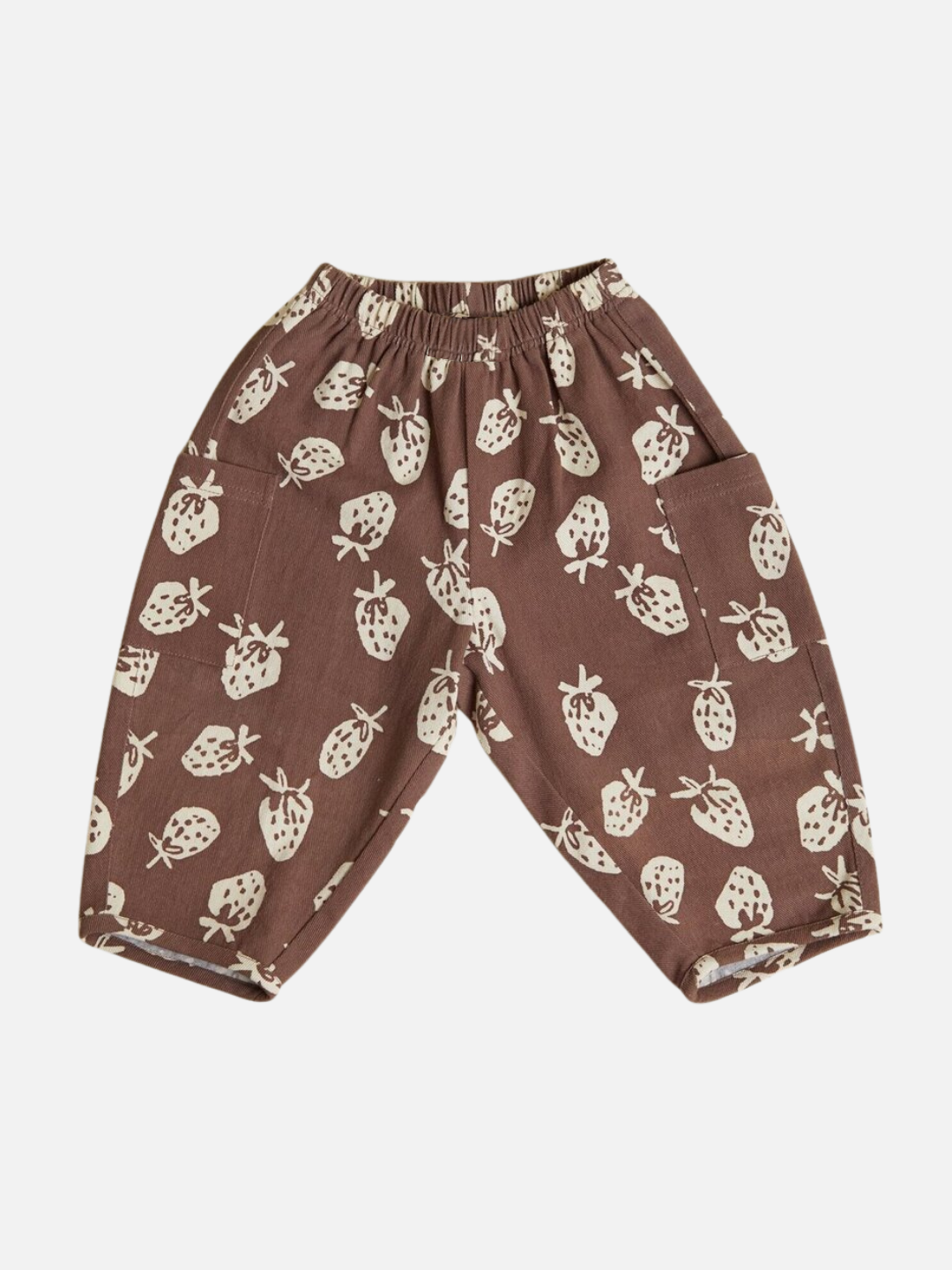 The EMERSON CHOC STRAB TROUSER are brown children's pants featuring an elastic waistband, two pockets, and a white strawberry print pattern.
