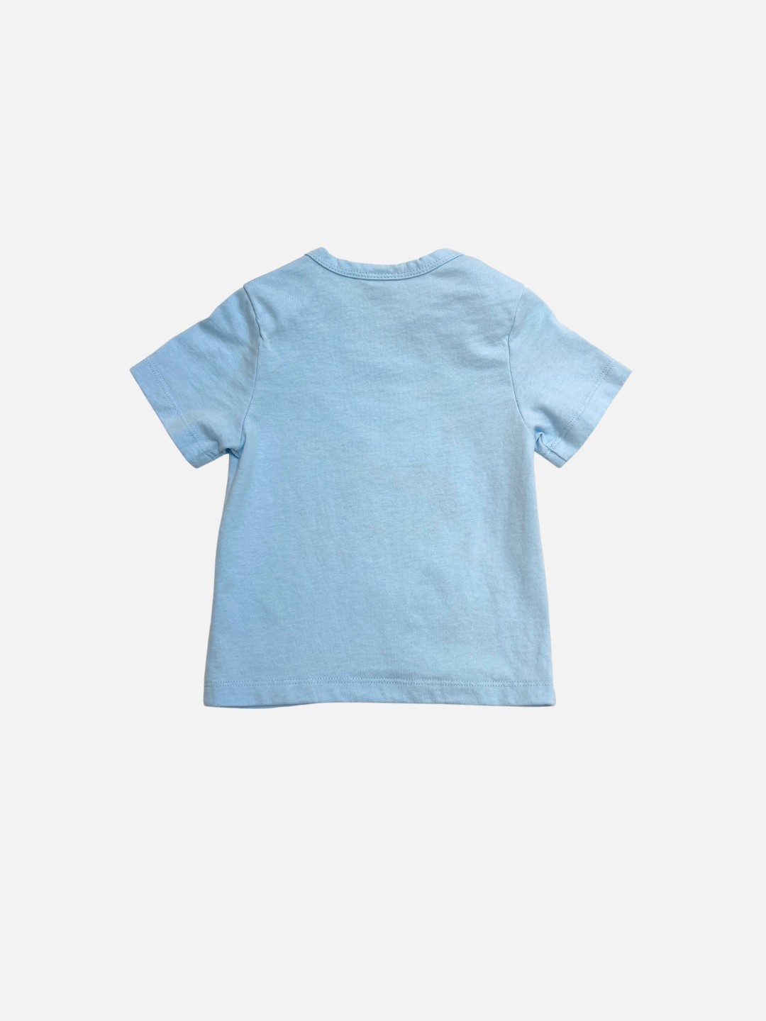 Light Blue | The AIRPLANE BABY TEE is a light blue short-sleeve toddler t-shirt featuring a playful airplane print, displayed flat on a white background and shown from the back.