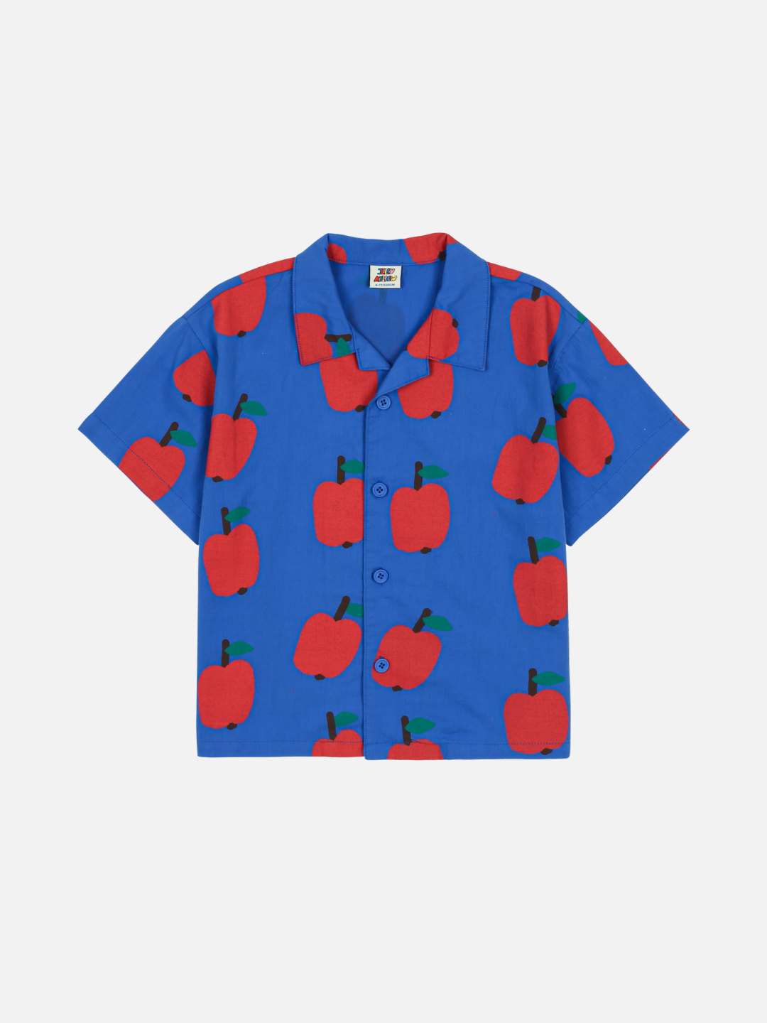 The APPLE SUMMER SHIRT is a blue short-sleeved shirt adorned with a red apple pattern, complete with a collar and button-down front.