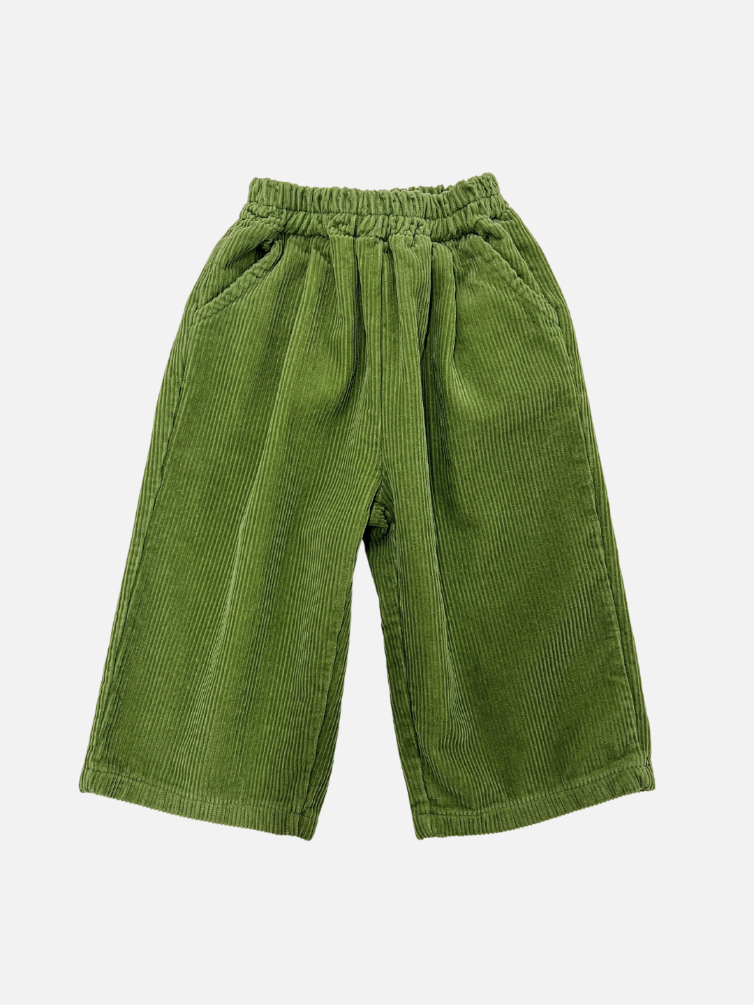 Moss | Front view of kids wide-leg corduroy pants in moss green..
