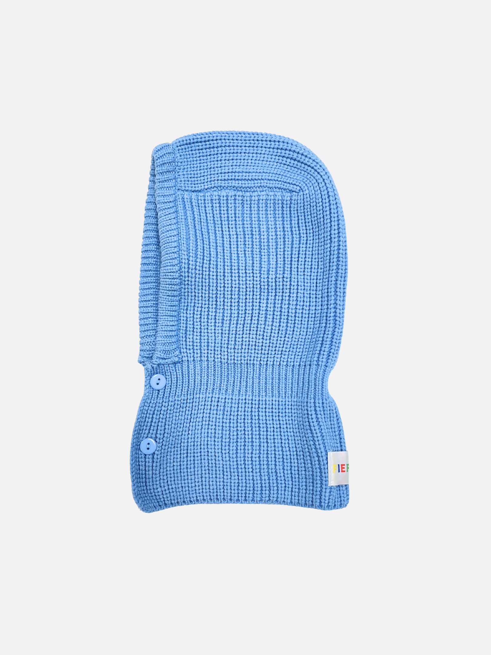 Blue knitted balaclava with a brand logo on a white background