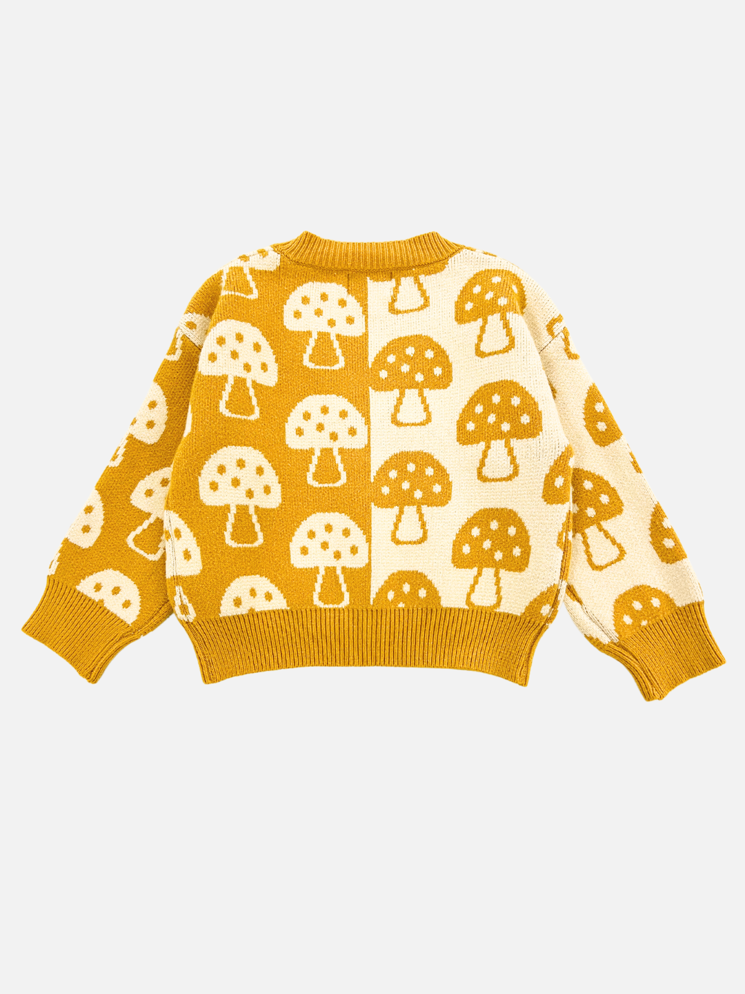 Introducing the SHROOM CARDIGAN, a yellow and cream knitted sweater featuring a charming repeating mushroom pattern, perfect for cozy days. For detailed measurements, please refer to the description.