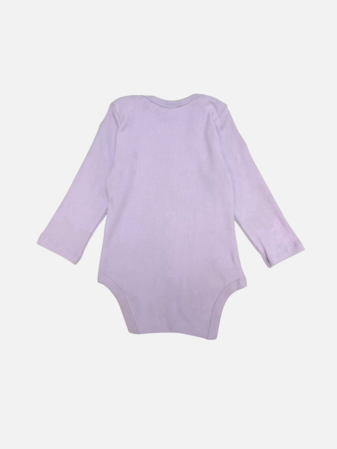 The SATURN LONG SLEEVE ONESIE, a light purple ribbed cotton baby bodysuit with long sleeves, is displayed flat on a white background from the back.