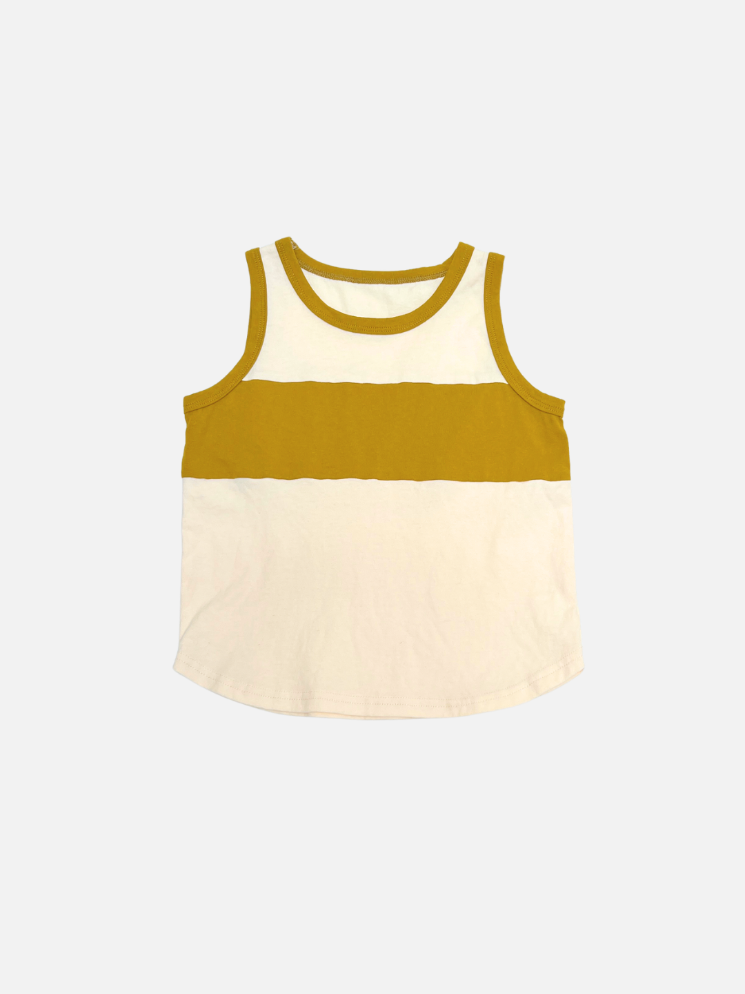 The TRACK TANK is a cream and gold colorblocked cotton tank top with a relaxed fit, featuring a gold stripe across the chest and matching trim, inspired by classic vintage sportswear style.