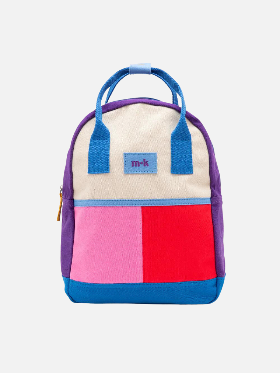 A colorblock backpack with bright blue handles and base, purple sides and one pink and one red patch under a cream top