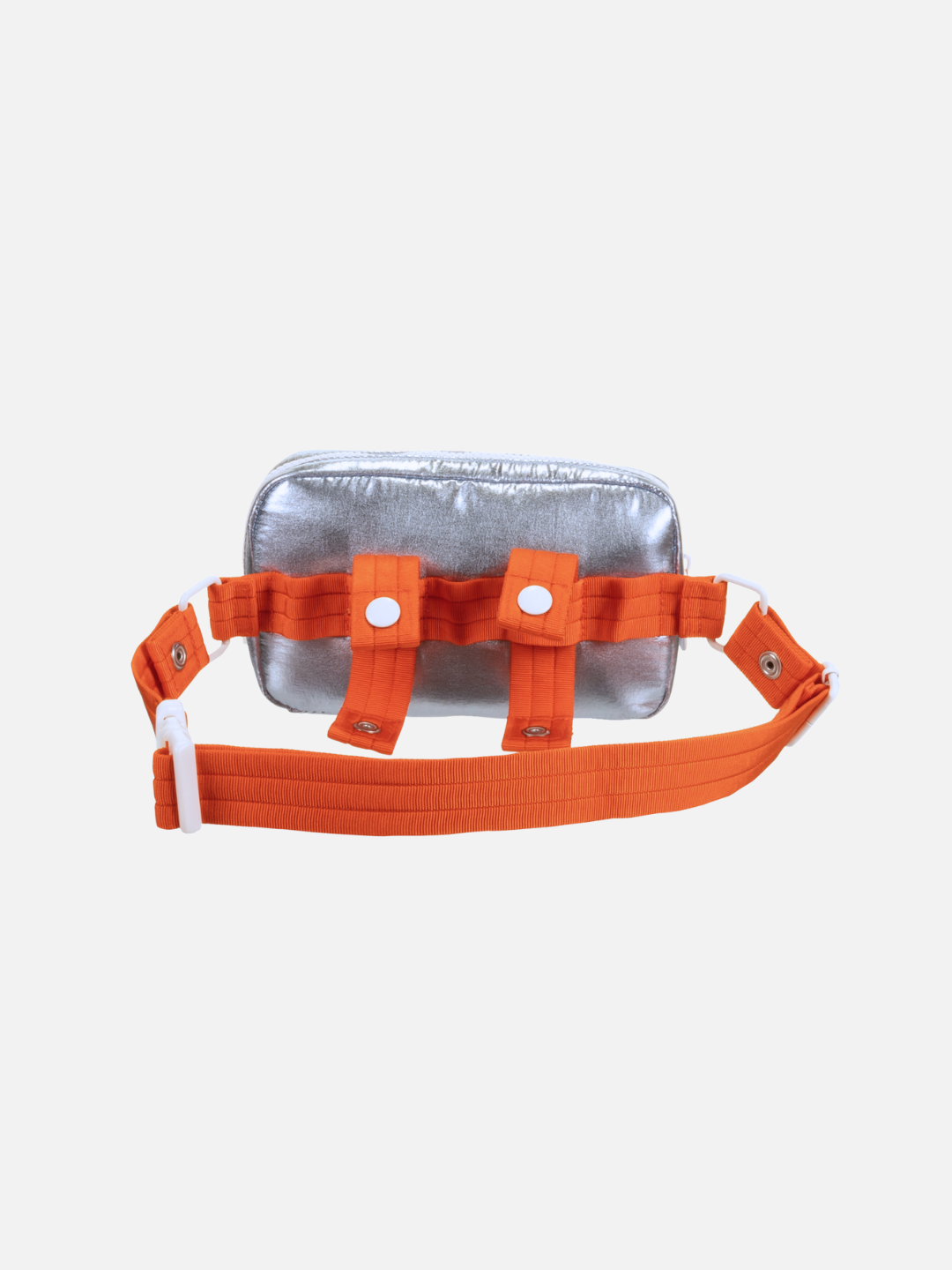 Metallic Blue | Back view of the Metallic Blue bike bag showcasing the bright orange adjustable strap.