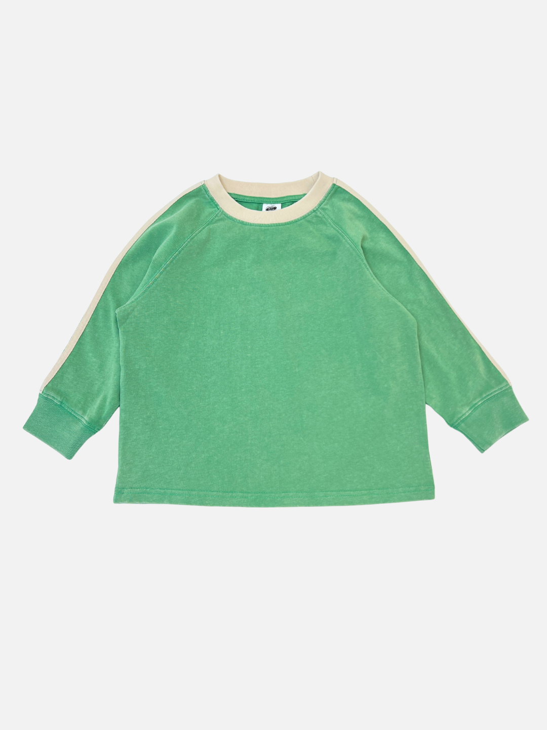 The HALFTIME LONGSLEEVE is a green long-sleeved tee with off-white collar and sleeve stripes, offering a vintage feel and shown laid flat on a white background.