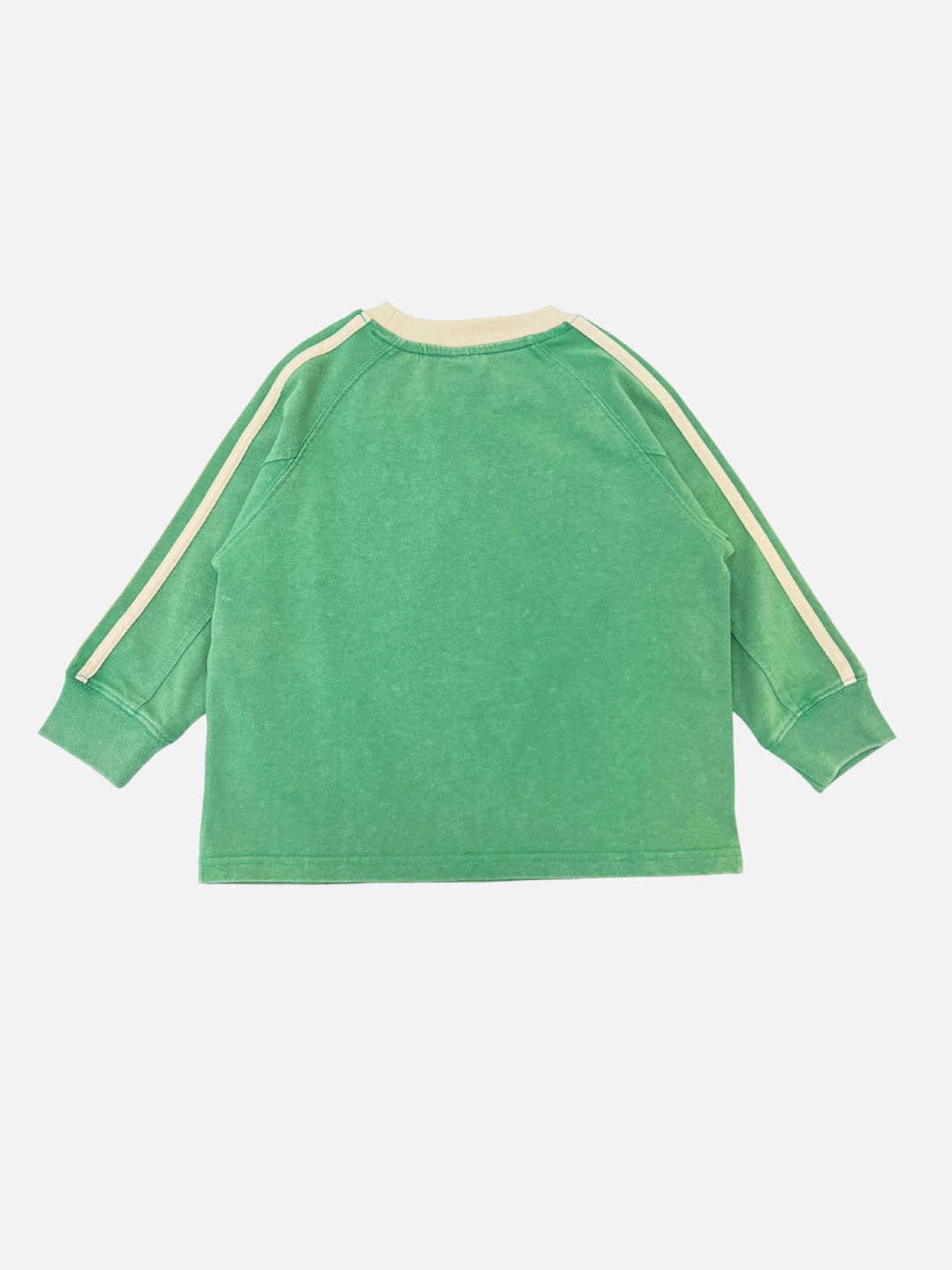 Green long-sleeve shirt with white stripes on a light gray background