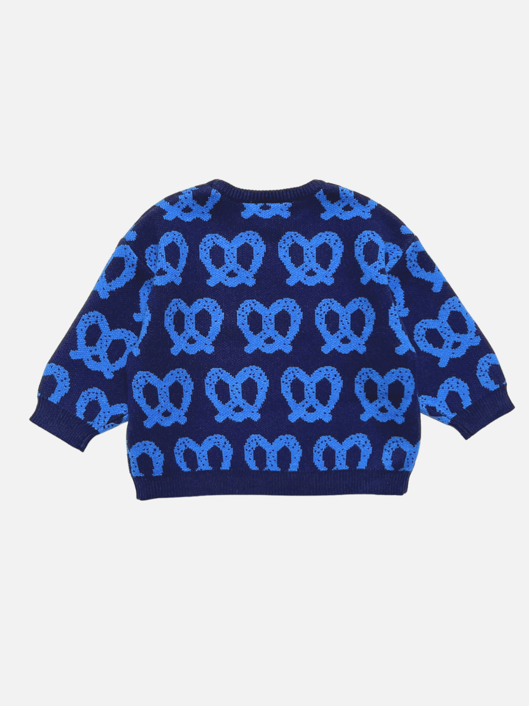 Blue | A navy blue knit sweater with a repeating light blue pretzel pattern, displayed flat against a light gray background.