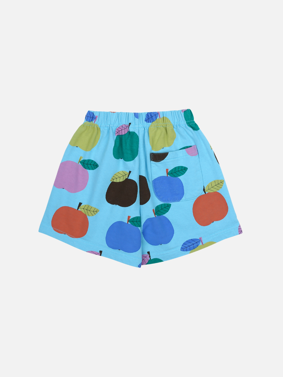 Back of Colorful Apple Shorts. Multi-colored apple print on a light blue background with an elastic waist.