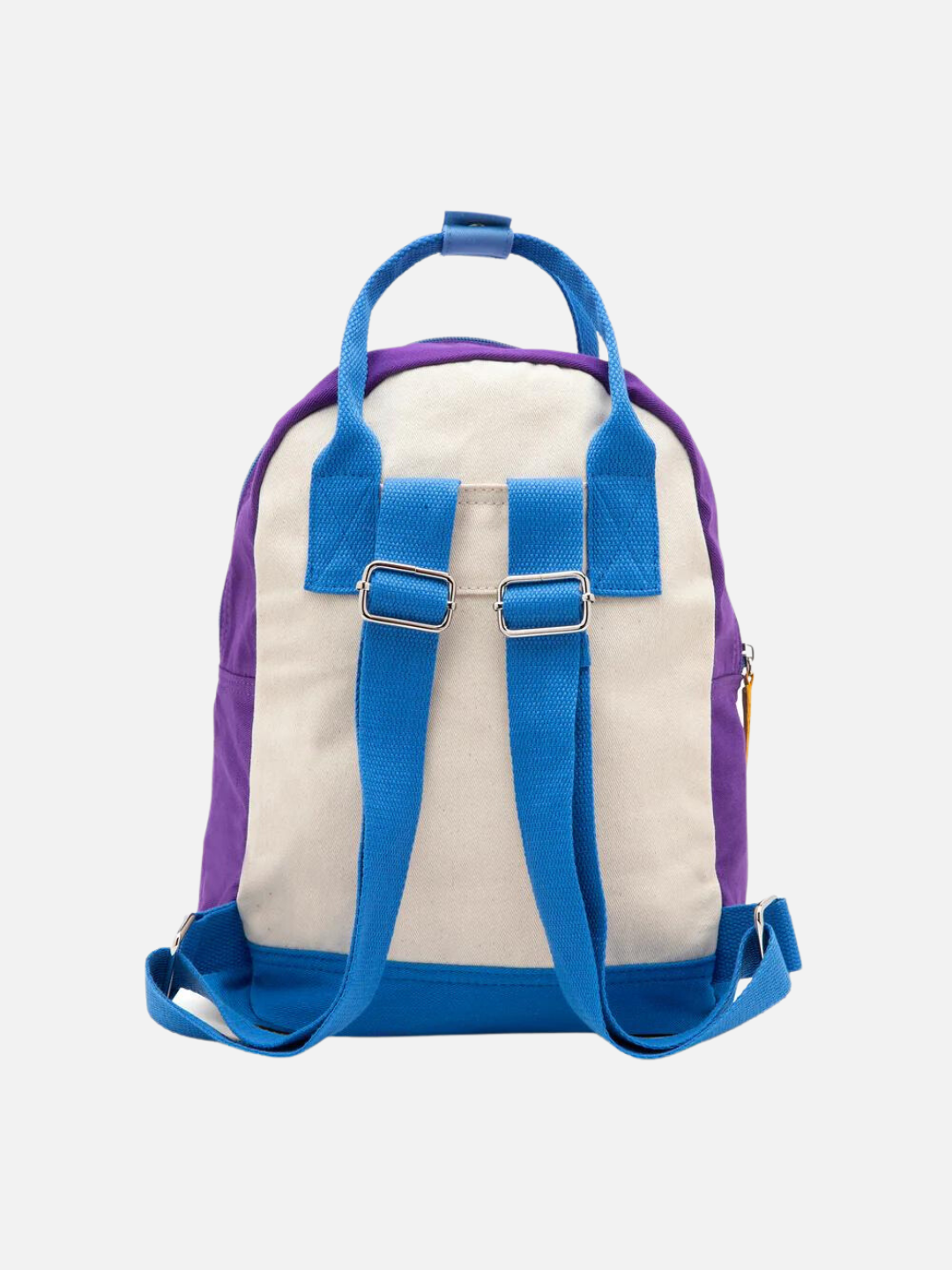 Rear view of a colorblock backback with bright blue handles, straps and base, purple sides and a cream backing