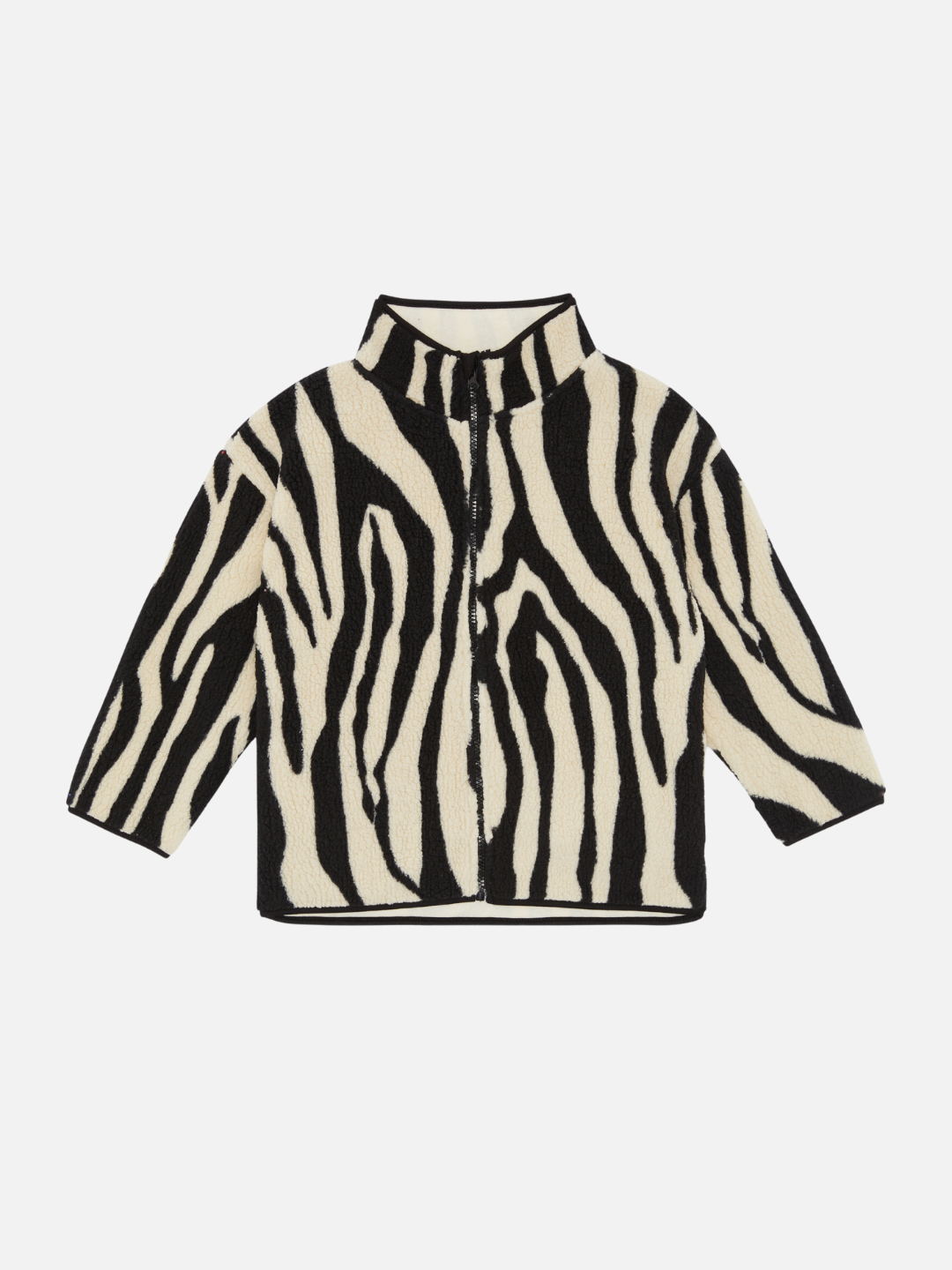 Kids fleece jacket in a black and cream tiger stripe pattern.