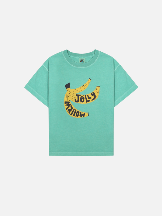 Image of Green t-shirt with banana graphic and 'Jelly Mallow' text on a white background