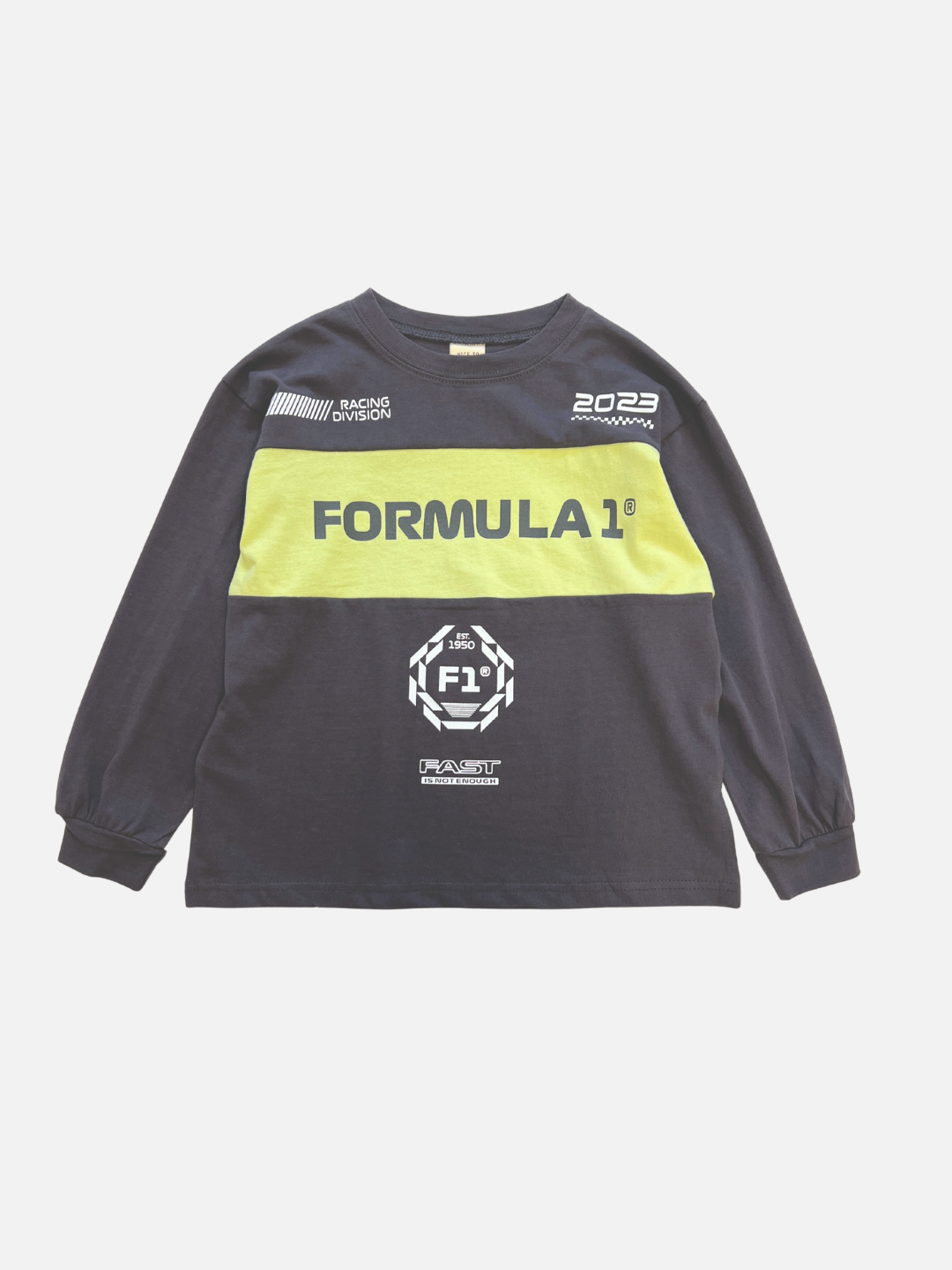 The RACING LONGSLEEVE is a black kids’ crewneck tee with long sleeves, yellow chest stripe, white “FORMULA 1” text, and racing graphics. Made from soft cotton jersey by a top Korean kids' brand.