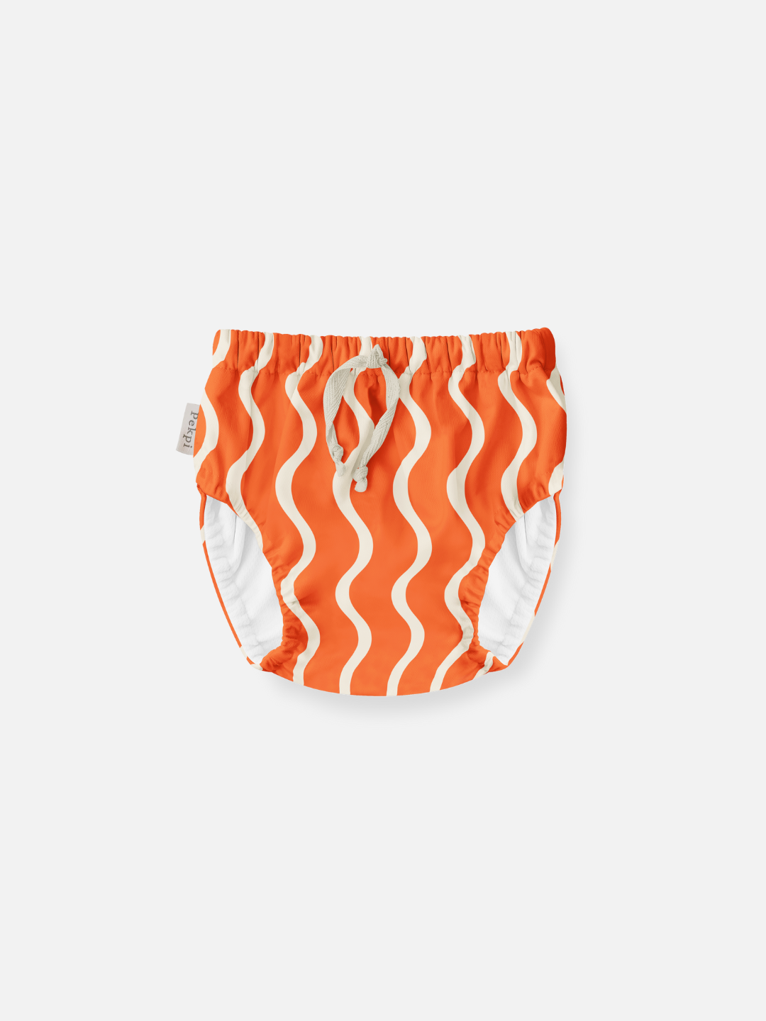 The front view of the swim diaper with an elastic waist with a tie and elastic leg holes. The diaper is a bright orange with wavy and vertical cream colored lines.
