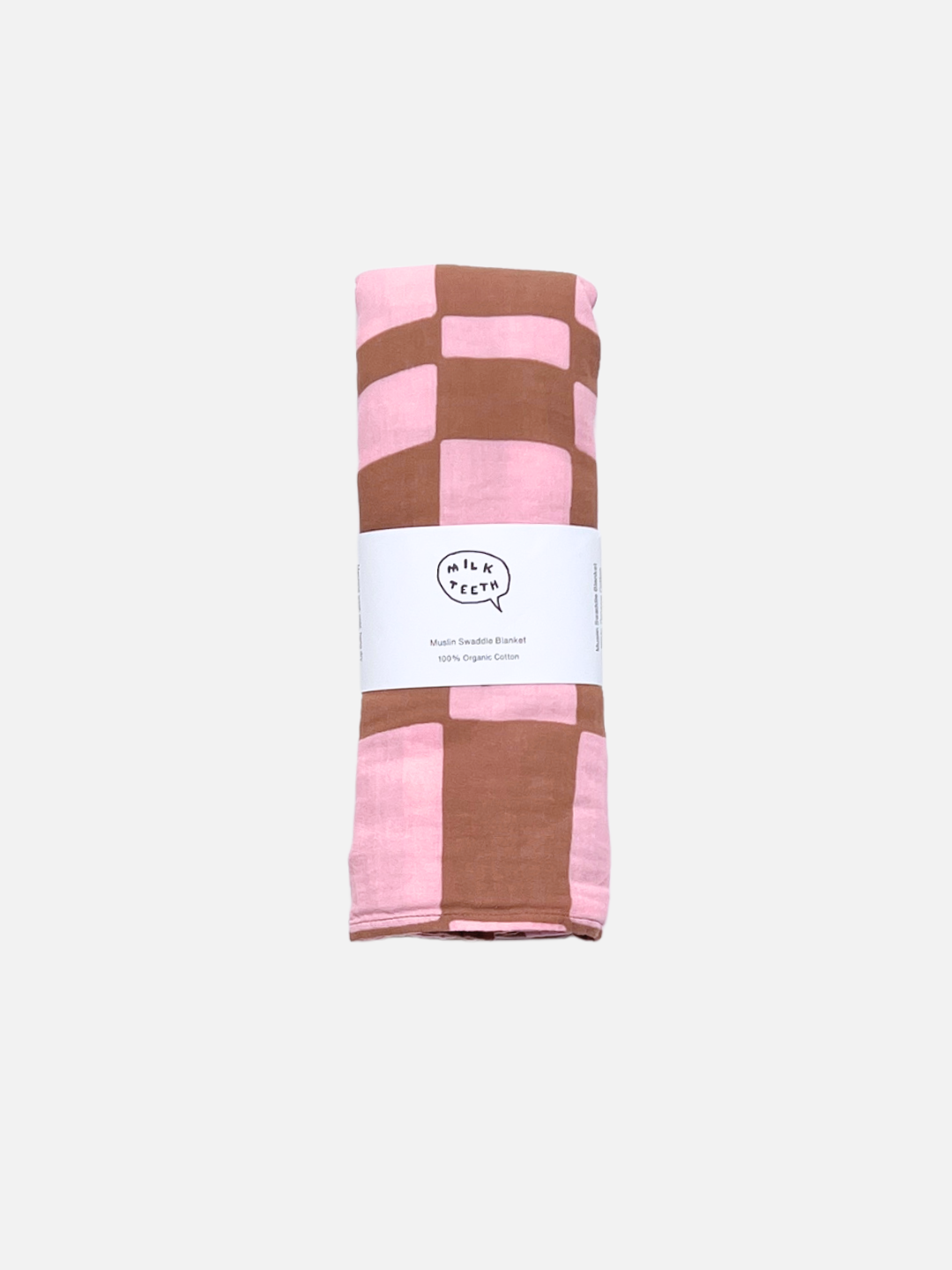 Pink Checkers | A folded MUSLIN SWADDLE BLANKET in Pink Checkers print made from organic cotton muslin, featuring a white label wrapped around it.